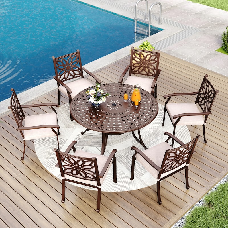 MAISON ARTS 7-Piece Cast Aluminum Patio Dining Set with Round Dining Table & 6 Dining Chairs - Fixed Chairs