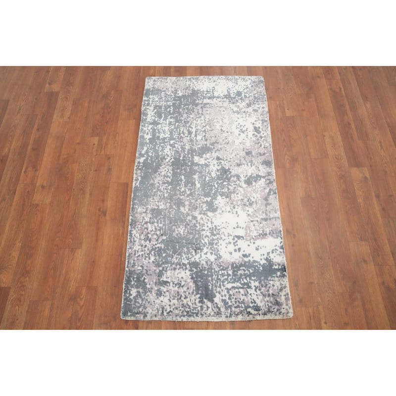 Hand Knotted Oriental Viscose Silk Carpet Modern Abstract Greys & Charcoal Abstract Area Rug - 4' 0'' X 2' 0''