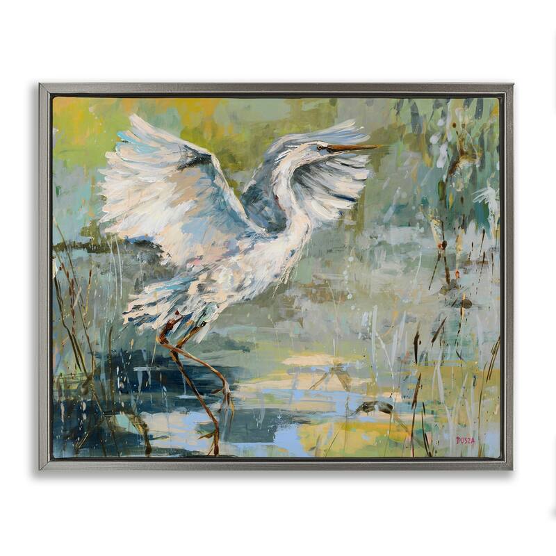 Stupell Radiant Crane at Pond Framed Floater Canvas Wall Art Design By Dusza - 31 x 25 - Grey