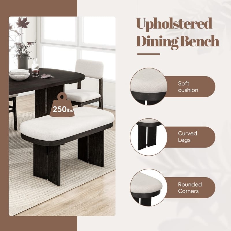Farmhouse 6-Piece Dining Table Set, Solid Wood Dining Table and 4 Upholstered Chairs & 1 Bench