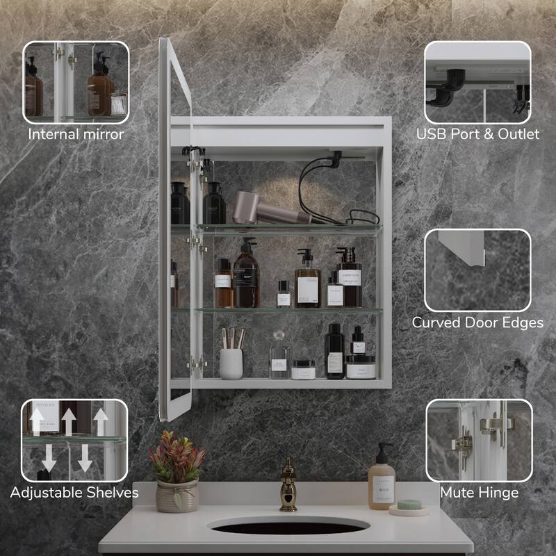 Rounded Edge LED Medicine Cabinet with Mirror, Dimmable, Anti-fog, Adjustable Shelves, Recessed or Wall Mount, ETL Certified