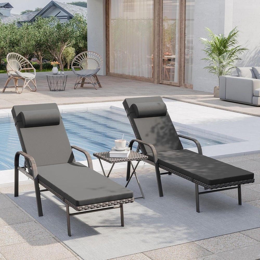 3-Piece Outdoor Wicker Chaise Lounge with Armrests and Cushions