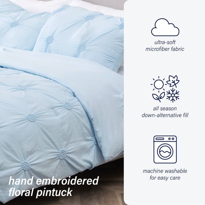 Home Essential Stylish Extra Plush Ultra Soft 3D Hand Embroidered Floral Pintuck Bedding Comforter Set