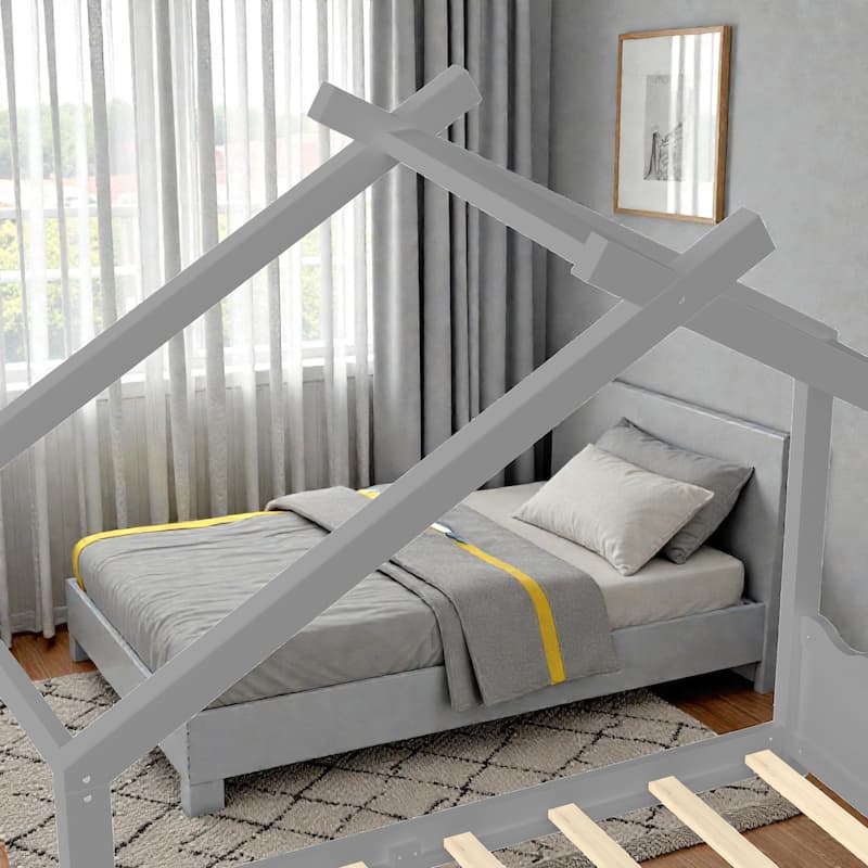 Kids Solid Wood House Floor Bed with Support Slats, Montessori Low Profile Bed, No Box Spring Needed