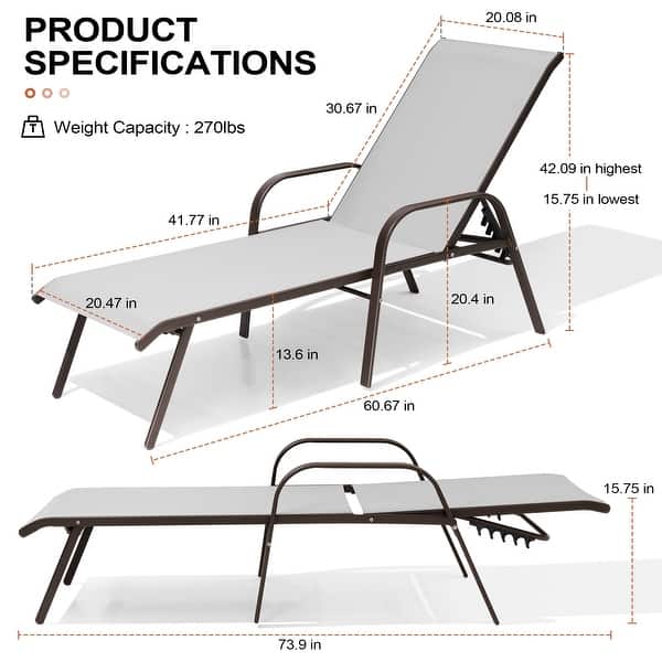 dimension image slide 3 of 8, Set of 4 Lounge Chairs Outdoor Chaise Lounge with Arms and Adjustable Back