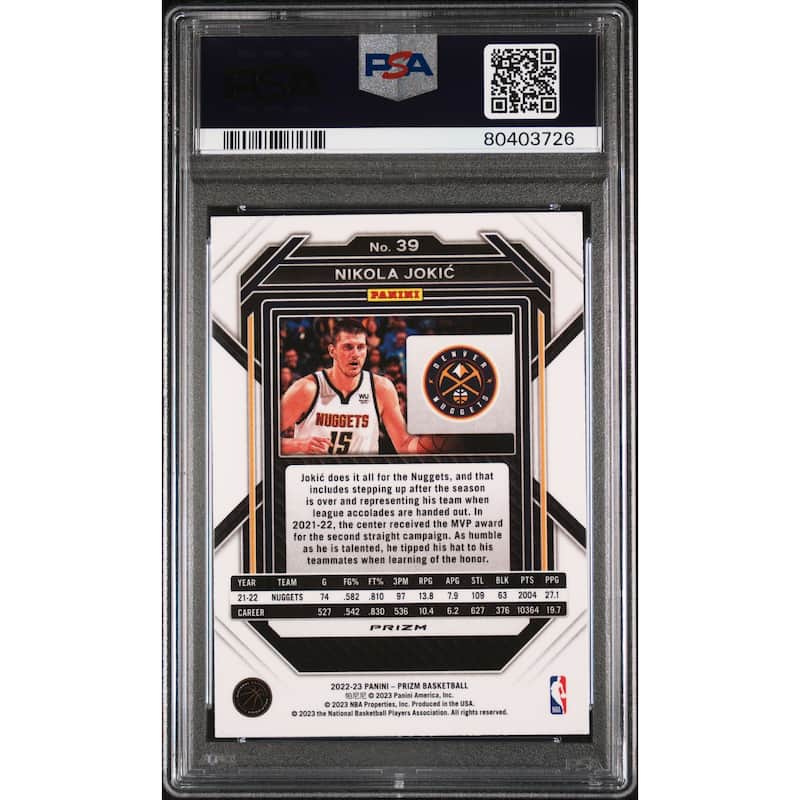 Nikola Jokic 2022 Panini Silver Prizm Basketball Card #39 Graded PSA 9 - 8'6" x 11'6"