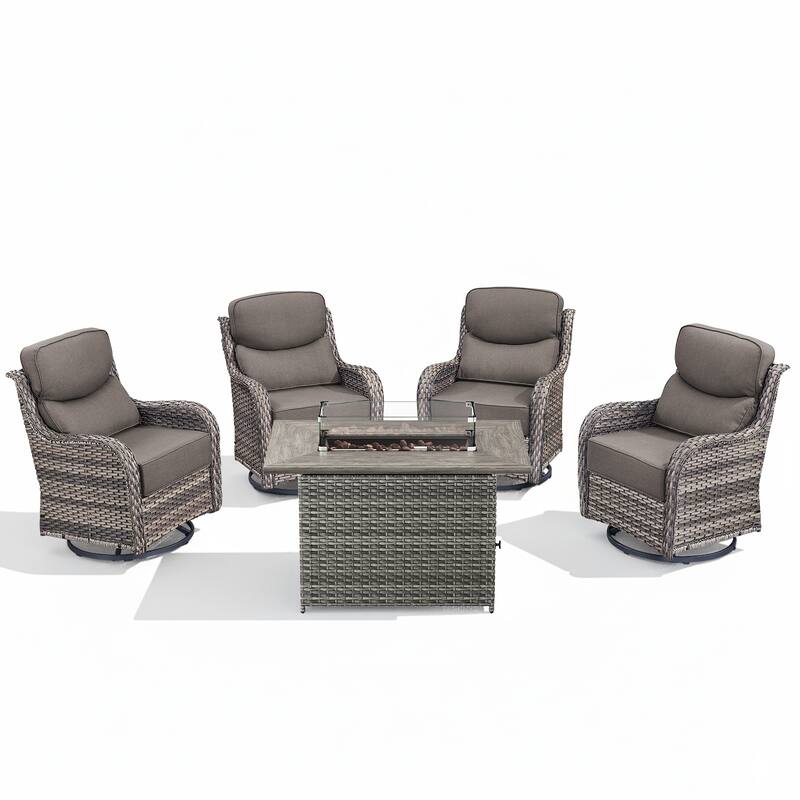 Arcadia 5-Piece Patio Conversation Set with 4 Swivel Glider Chairs and Wicker Fire Pit