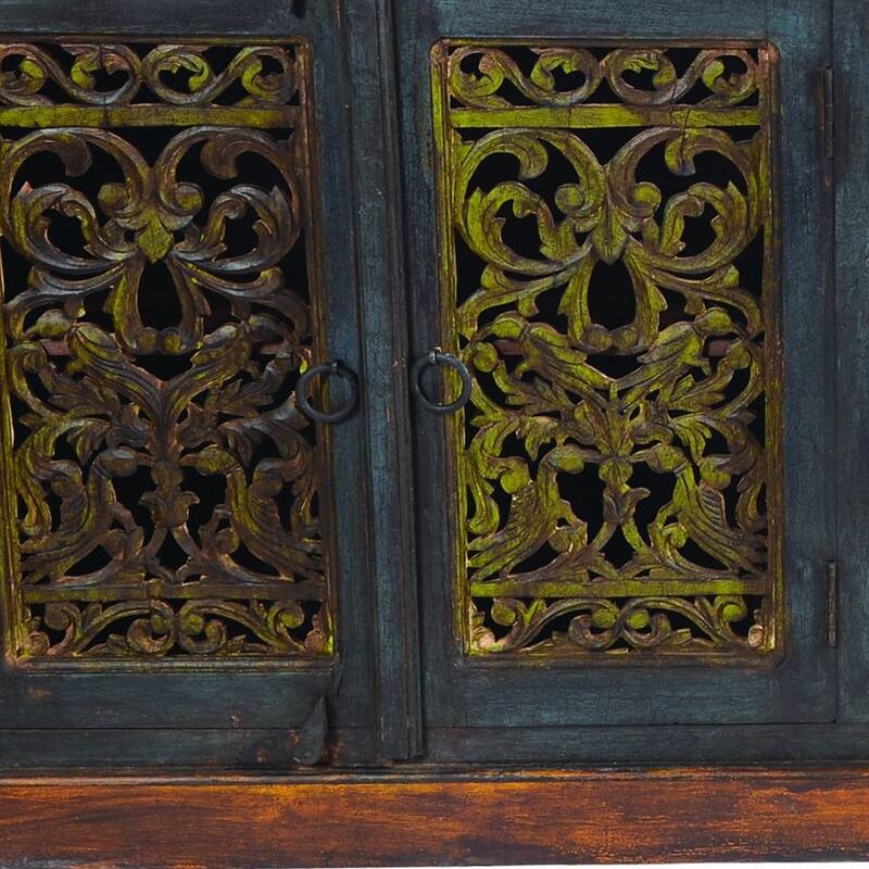 HomeRoots 91" Brown Gray and Green Solid Wood Buffet Table with Two Doors - 91.00 in. x 36.00 in. x 16.00 in.