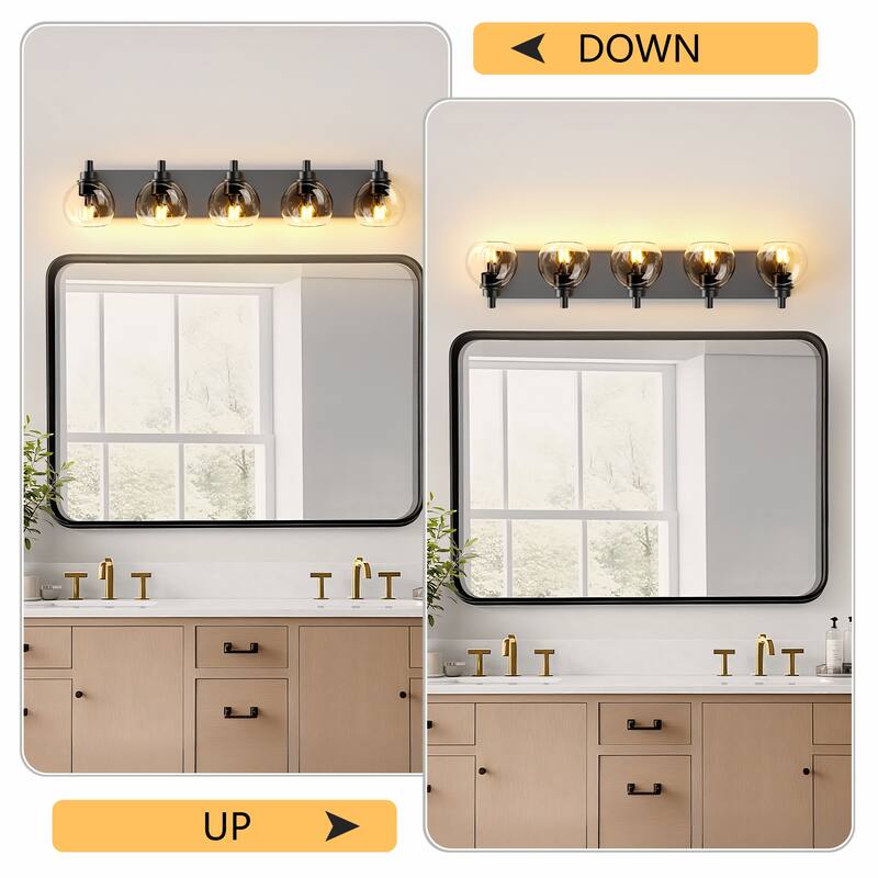 Bathroom Light Fixtures Over Mirror 5-Lights Bathroom Vanity Light with Clear Globe Glass Shade Modern Black Vanity Light