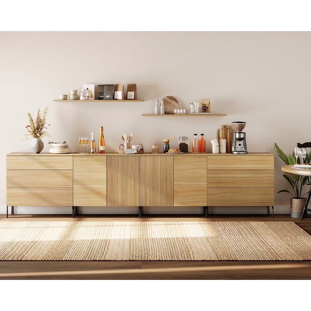 126" Modern Reeded 4-Door Sideboard With Drawers, 4-In-1 Wooden Credenza Storage Cabinet