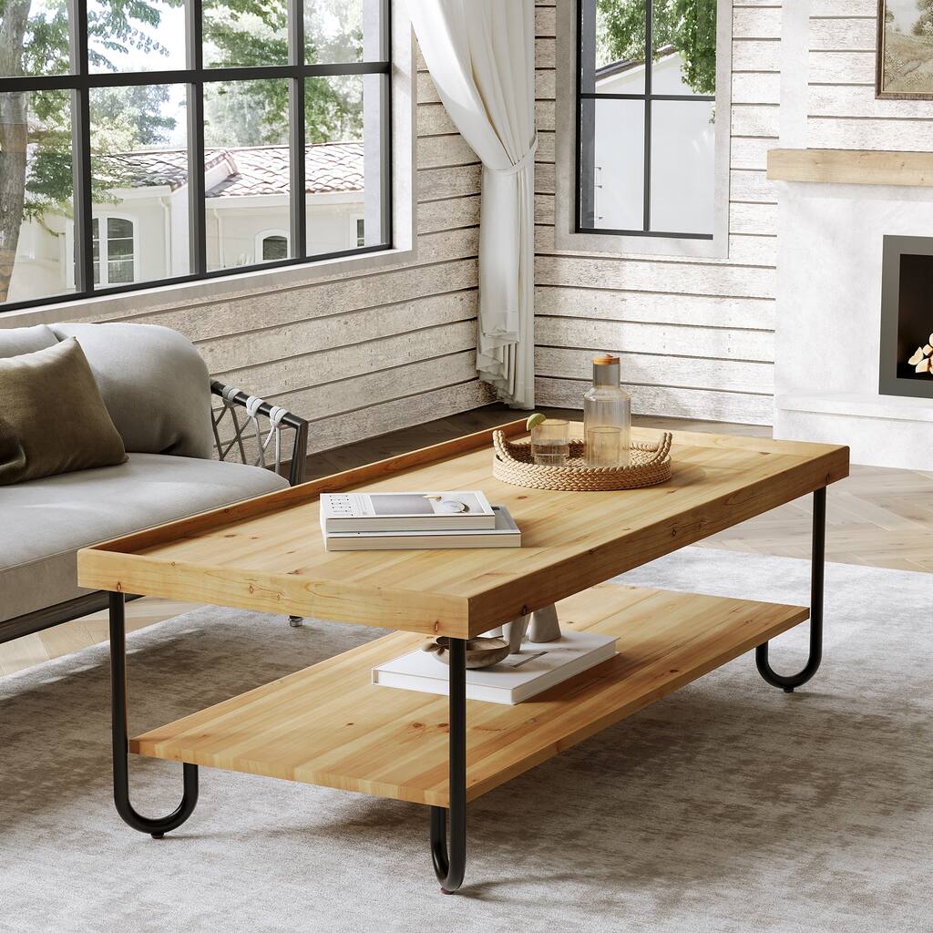 47 Inch Solid Wood Coffee Table 2-Tier Rectangular Center Table