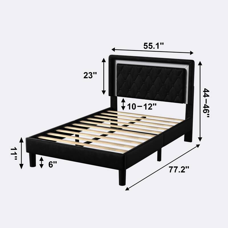 Full Size Frame Platform Bed with Upholstered Headboard and Slat, Wood