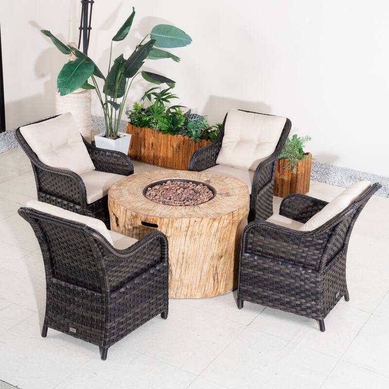 Outdoor Funiture Set with Terrafab Composite Fire Pit Table and PE Rattan Chairs - Brown