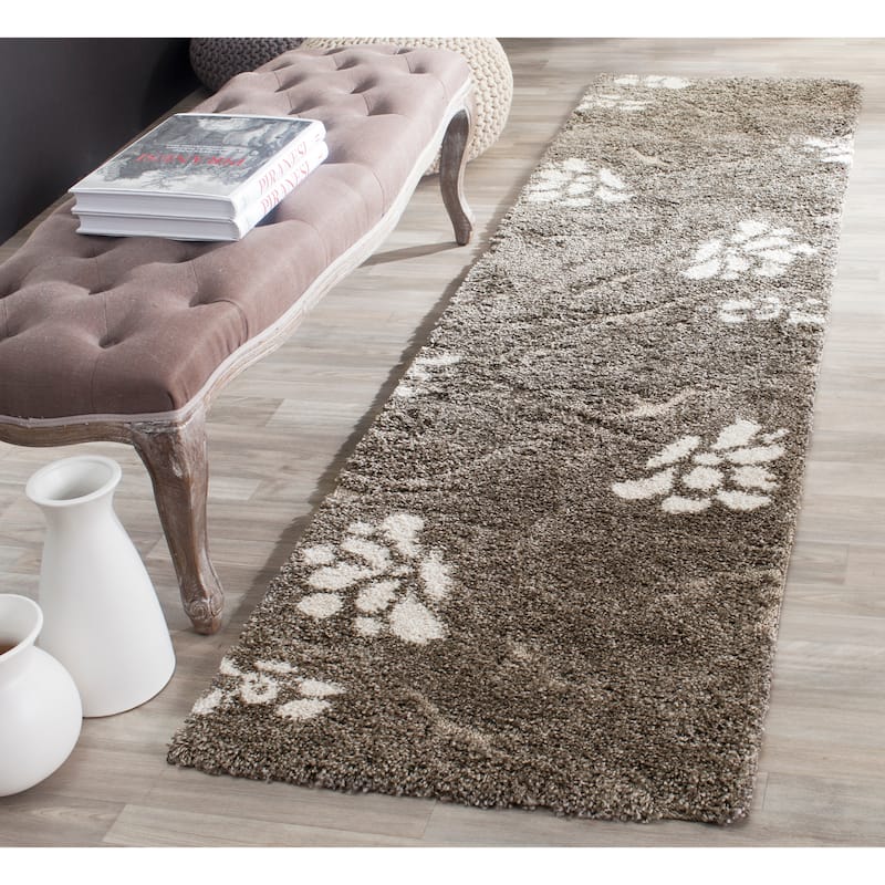 SAFAVIEH Florida Shag Nanny Floral Scroll 1.2-inch Thick Rug - 2'3" x 13' Runner - Smoke/Beige - Runner
