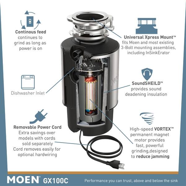 Shop Moen Gx100c Gx 1 Hp Continuous Garbage Disposal With Soundshield Stainless Steel Overstock 16800637