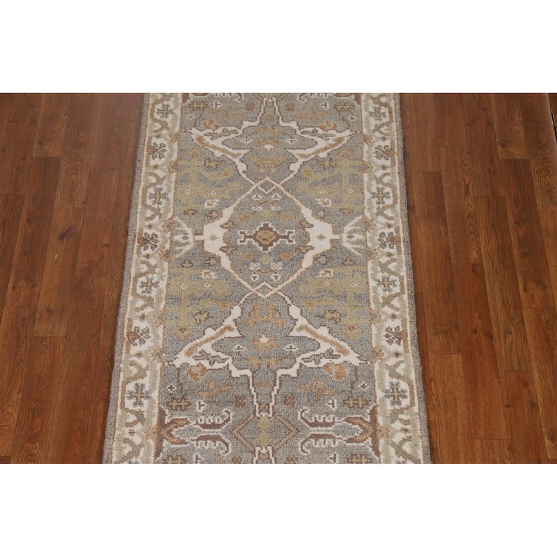 Gray Oushak Indian Runner Rug Hand-Knotted Floral Wool Carpet - 2'6"x 11'8"