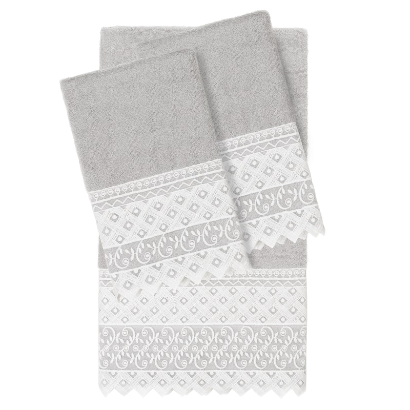 Authentic Hotel and Spa 100% Turkish Cotton Aiden 3PC White Lace Embellished Towel Set - Light Gray