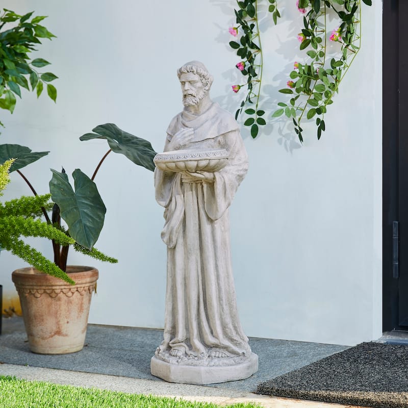 Glitzhome Vintage MgO Saint Francis Garden Statue Sculpture with Birdfeeder Feeding Animals
