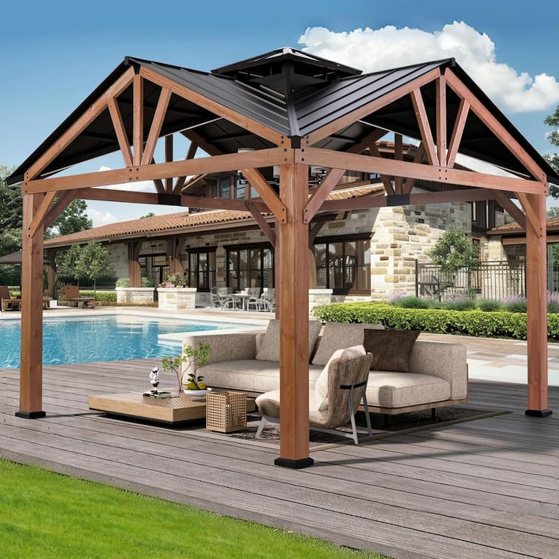 Cedar Wood Gazebo 12’ x 12’, Heavy Duty Hardtop Gazebo with Steel Roof, Water Resistant, Wind Resistant