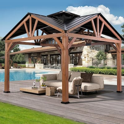 Cedar Wood Gazebo 12’ x 12’, Heavy Duty Hardtop Gazebo with Steel Roof, Water Resistant, Wind Resistant