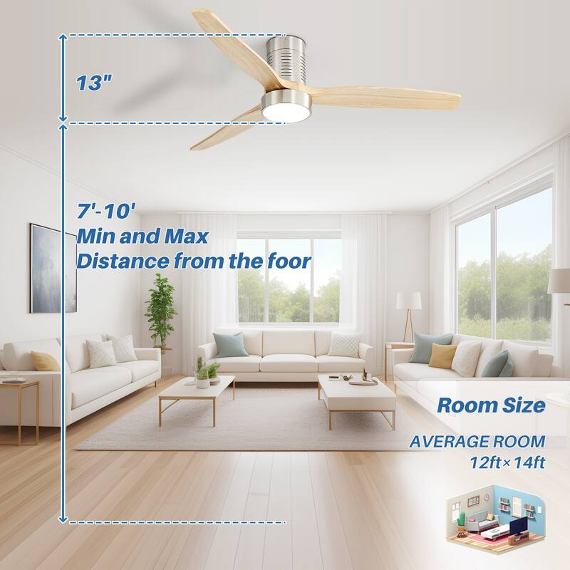 52" Flush Mount Wood Ceiling Fan with Dimmable LED Light and Remote Control