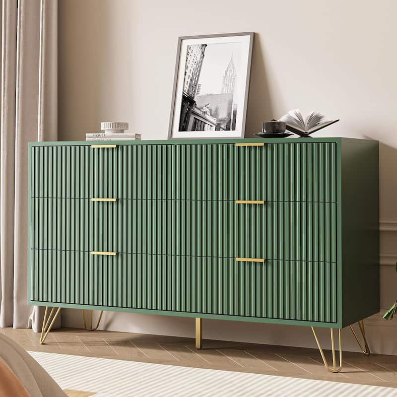 FURNIWAY Fluted Drawer Dresser for Bedroom - Green - 6-drawer