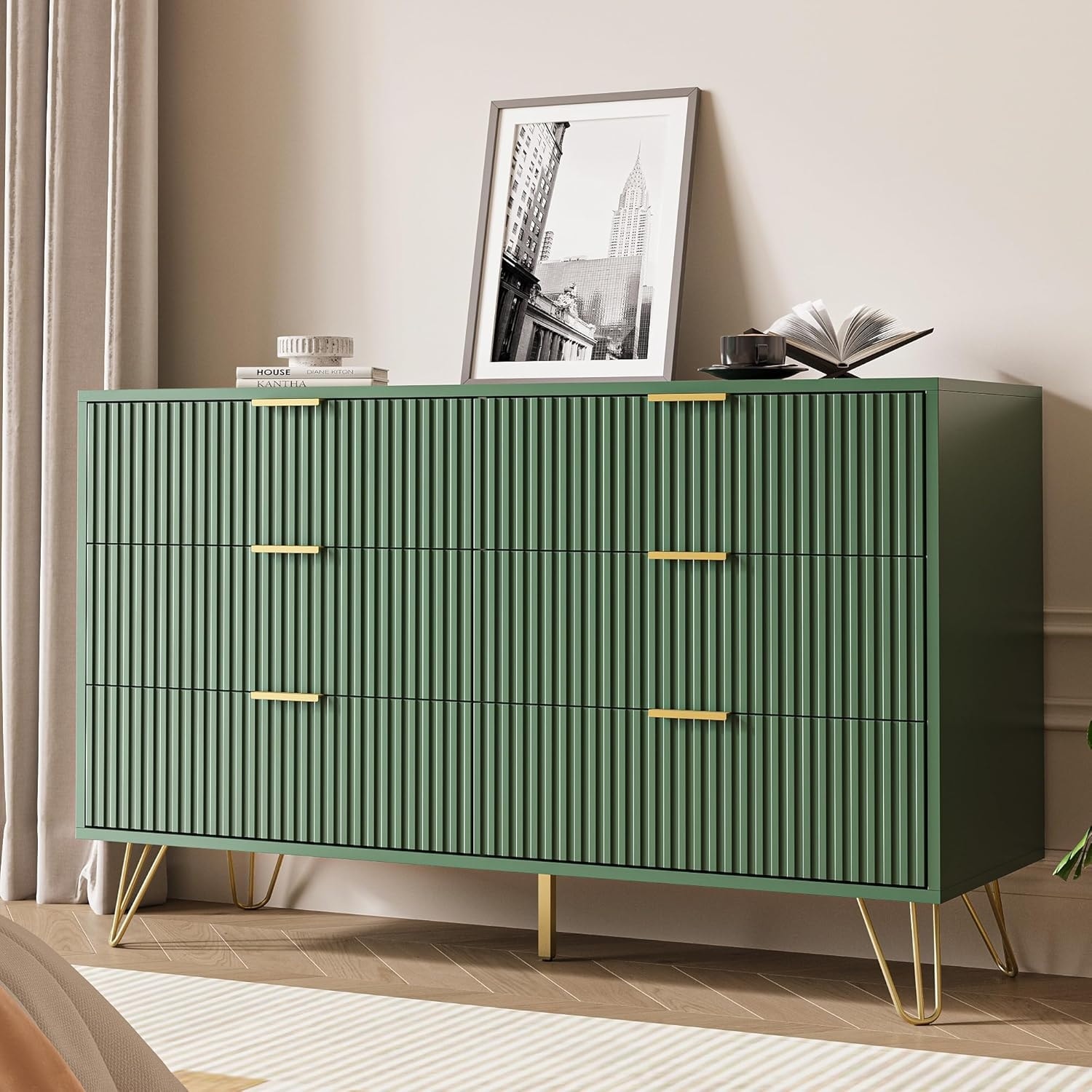Modern Green Dresser with Gold Handles, 6-Drawer Wooden Storage Chest for Bedroom