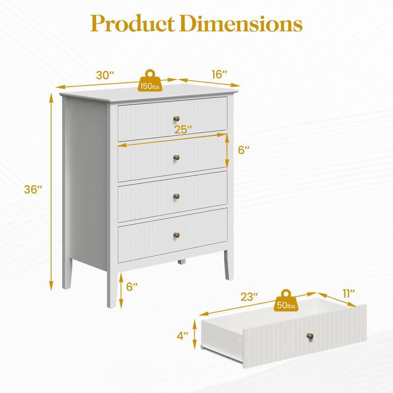 White Fluted 4 Drawer Dresser For Bedroom