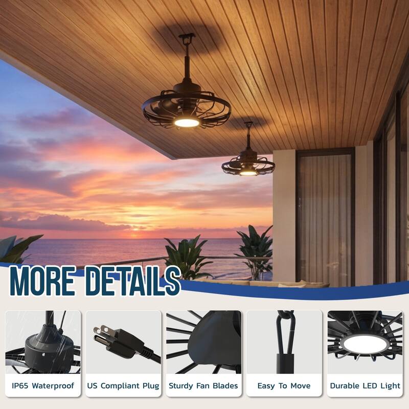 20" Outdoor Ceiling Fan with Light, 6-Speed Reversible Motor, Waterproof Caged Fan for Patio, Gazebo, Kitchen.