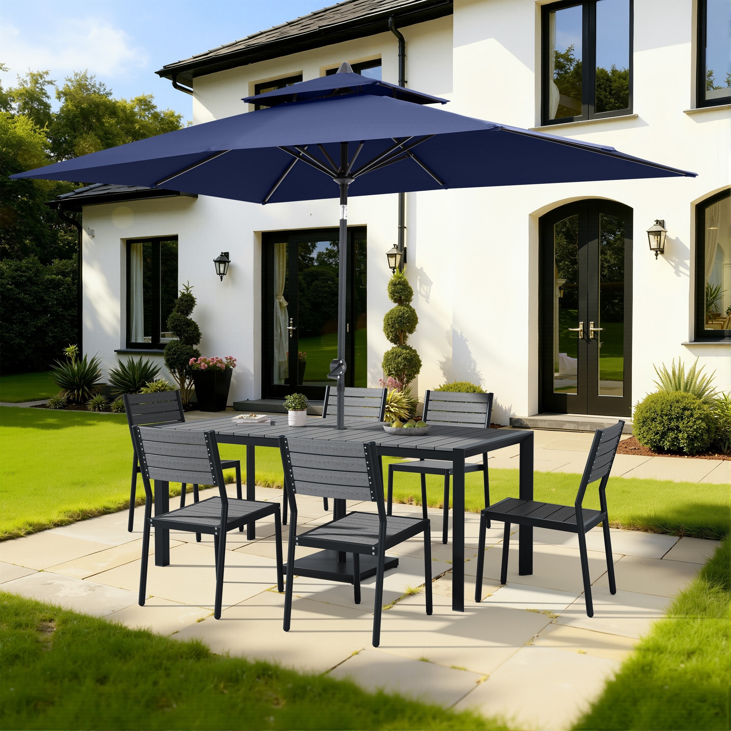 9/11-Piece Outdoor Dining Set w/10 ft Umbrella and Base Aluminum Dining Table and Stackable Chairs