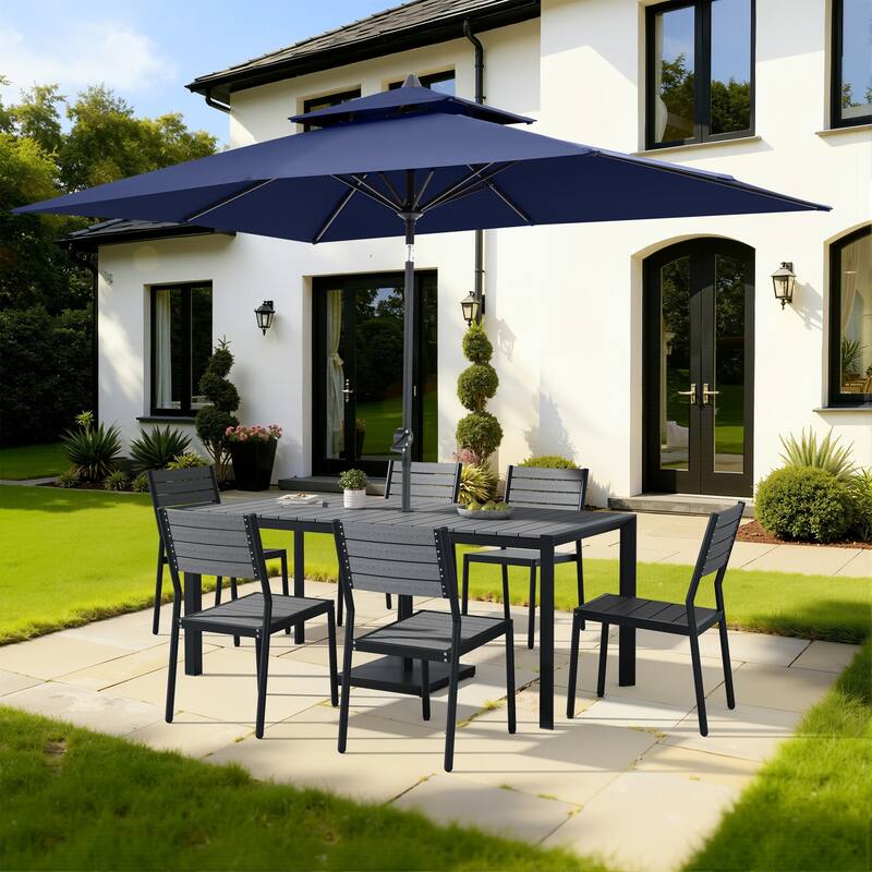 9/11-Piece Outdoor Dining Set w/10 ft Umbrella and Base Aluminum Dining Table and Stackable Chairs - Set of 9 - Grey Table with Navy Blue Umbrella
