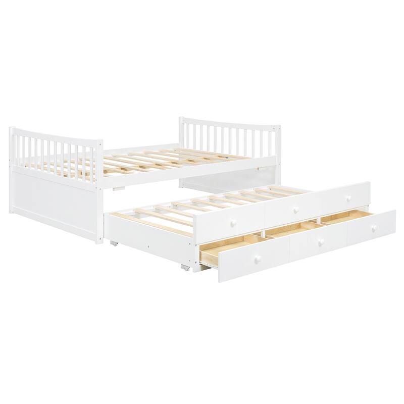 Full Size White Daybed with Twin Trundle and Drawers for Extra Sleeping Space