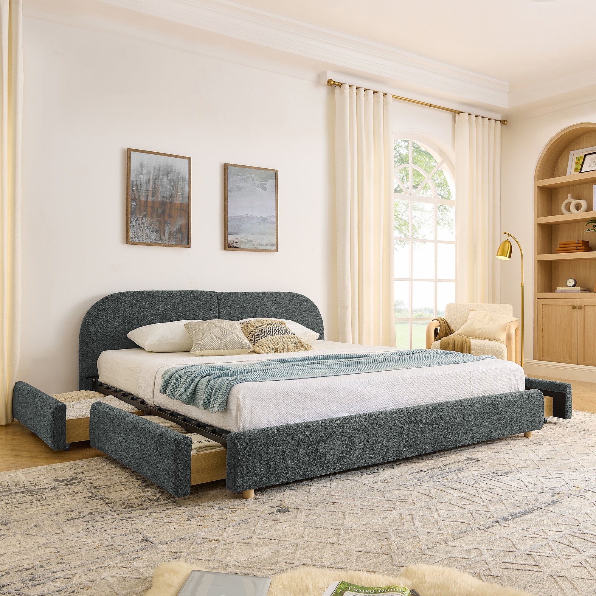 King Size Upholstered Bed Frame with Tall Headboard and Wheeled Drawer