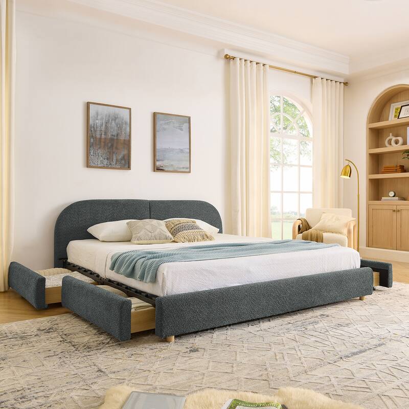 Stylish Curve-shaped Upholstered Platform Bed Frame Modern Minimalist Low Profile Bed with Curved Headboard Optional Storage Bed