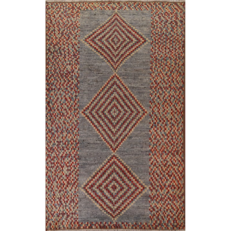 Hand Knotted Oriental 100% Wool Carpet Modern Geometric Greys & Charcoal Moroccan Area Rug - 9' 8'' X 6' 4''