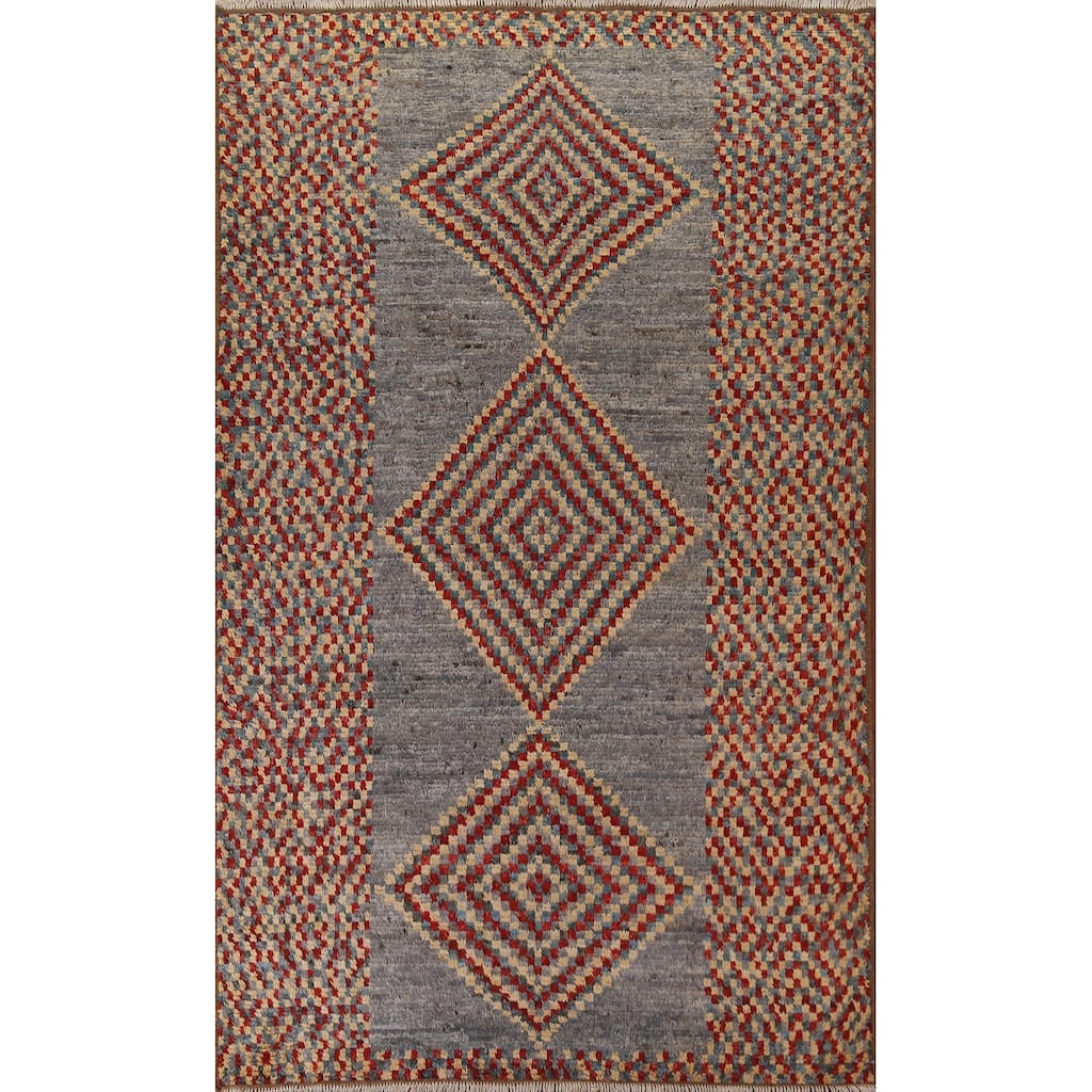 Hand Knotted Oriental 100% Wool Carpet Modern Geometric Greys & Charcoal Moroccan Area Rug - 9' 8'' X 6' 4''