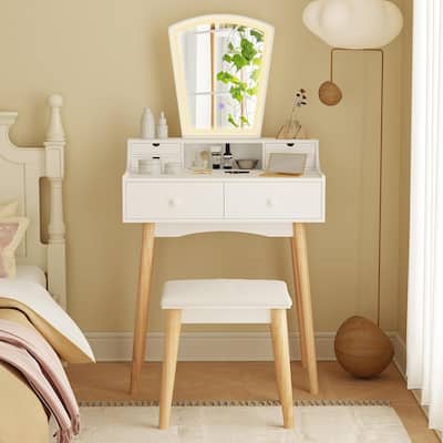 Dressing Table＆Chair Set Modern Vanity Desk Set w/Mirror & Lights