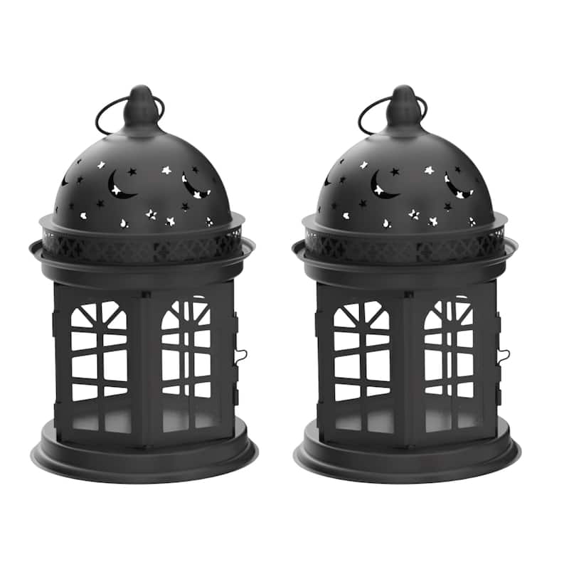 Set of Two Black Metal Celestial Tabletop Lantern Candle Holders - 5"L x 5"W x 8.5"H