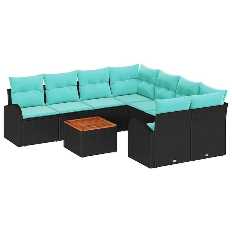 vidaXL 9 Garden Sofa Set with Cushions Black/Grey Poly Rattan - 92.1 x 92.1 x 27.2