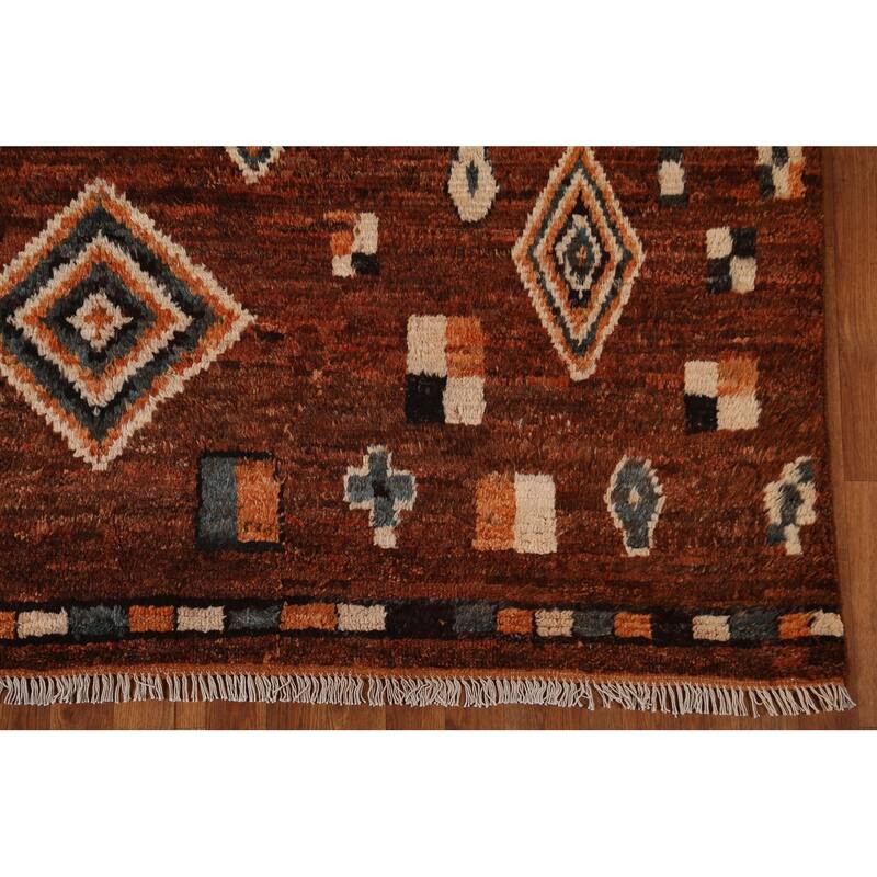 Hand Knotted Oriental 100% Wool Carpet Modern Tribal Brown Moroccan Area Rug - 9' 6'' X 6' 9''
