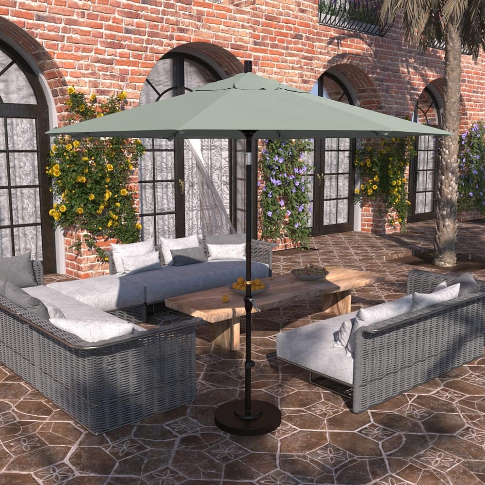 California Umbrella 9' Sunset Series Patio Umbrella Bronze Aluminum Frame and Ribs, Crank Lift Auto Tilt, Sunbrella Cilantro