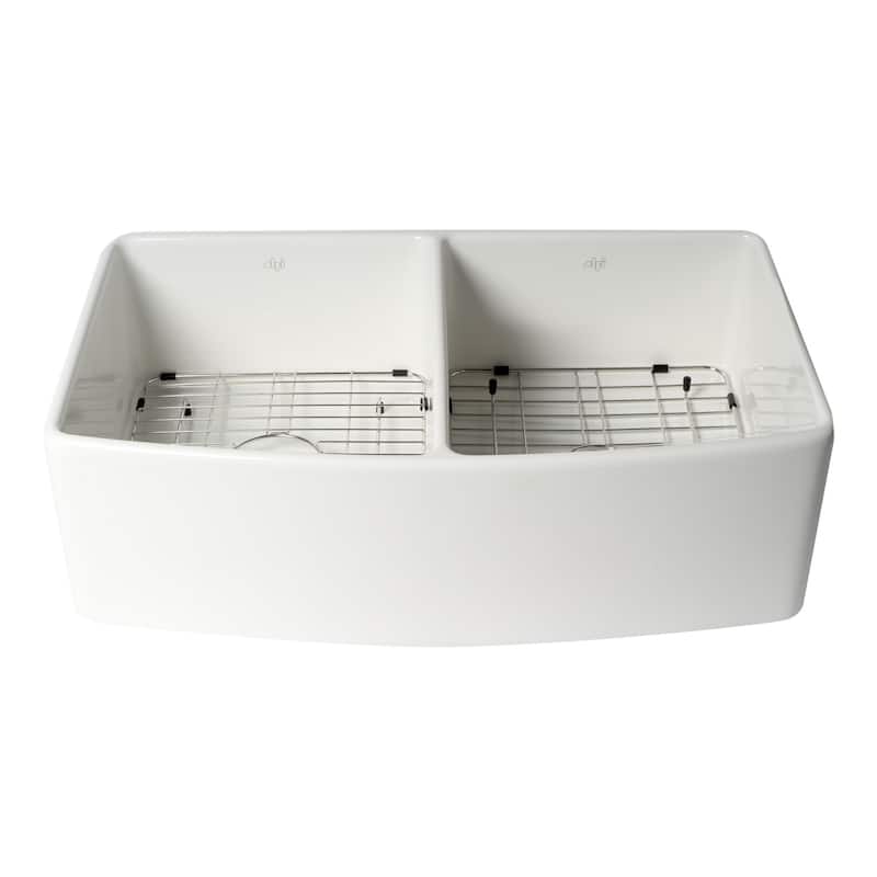 ALFI Brand White Smooth Curved Apron 33" x 20" Double Bowl Fireclay Farm Sink with Grid