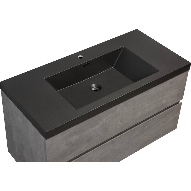 36" Wall-Mounted Floating Vanity with Premium Quartz Sand Basin, Grey Modern Storage Cabinet