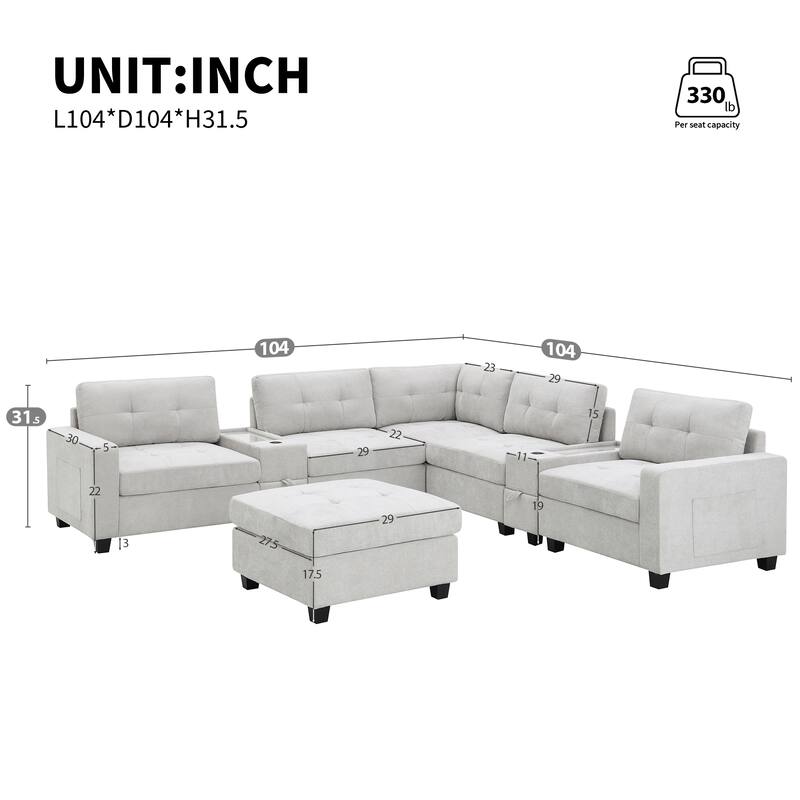 104" Chenille U-Shaped Sectional Sofa with Acrylic Table Tops 2 Consoles Storage Drawers USB Charging Movable Ottoman