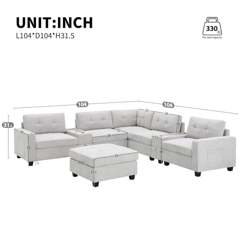 Chenille U Shaped Couch Set w/2 Consoles,USB, Storage Drawers, Pockets
