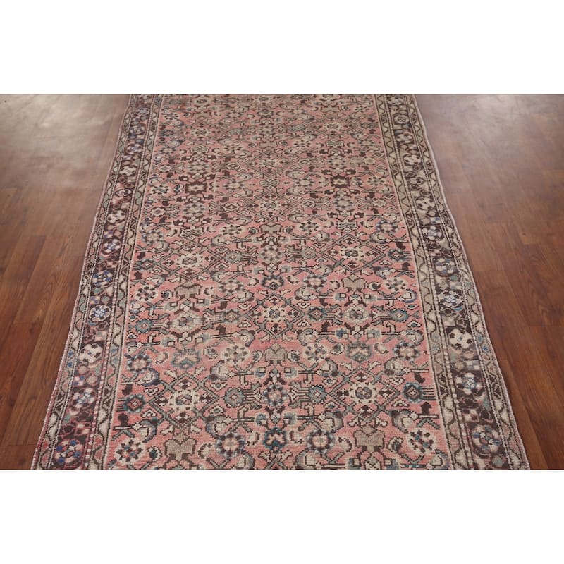 Pink Hamedan Vintage Persian Runner Rug Hand-Knotted Wool Carpet - 3'9" x 10'9"
