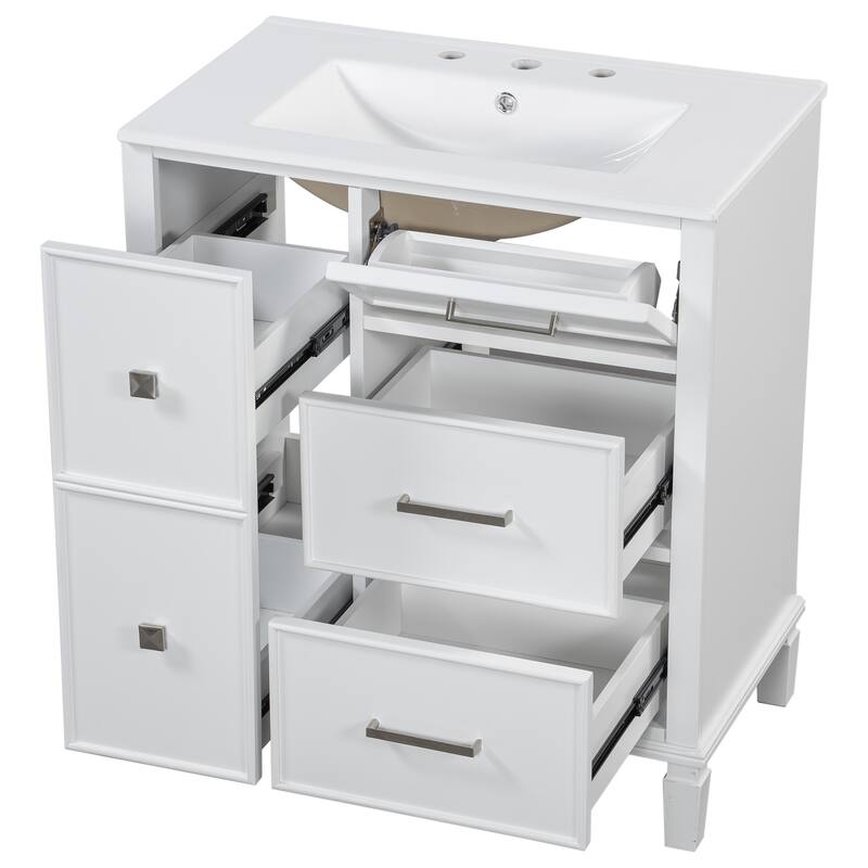 30 Inch Bathroom Vanity with Ceramic Sink, Flip-Out Drawer Design for Plumbing, Painted MDF Cabinet with Solid Wood Legs