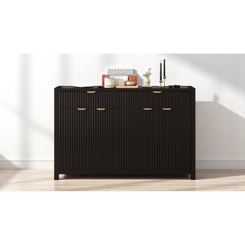 Wave-Grain Sideboard Buffet Cabinet with Drawers and Adjustable Shelves, 55in Console Table with Aluminum Handles