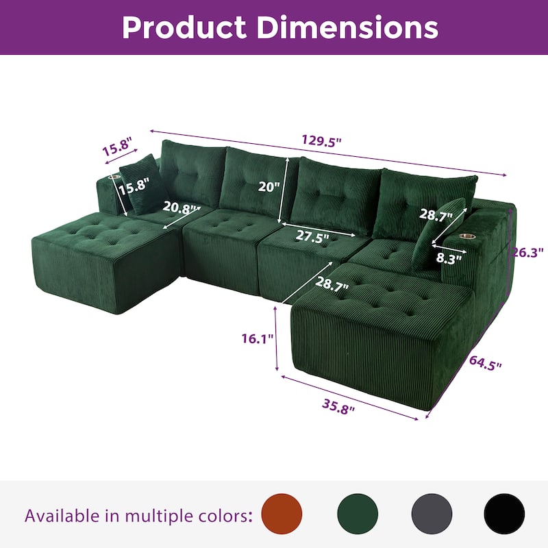 Modular 6-Seat U Shaped Sectional Sofa - 64.5"D x 129.5"W x 26.3"H