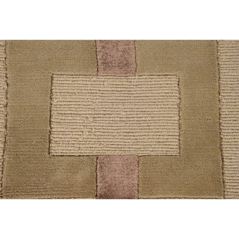 Geometric Beige Nepalese Oriental Area Rug Hand-Knotted Wool Carpet - 9'1" x 12'1"